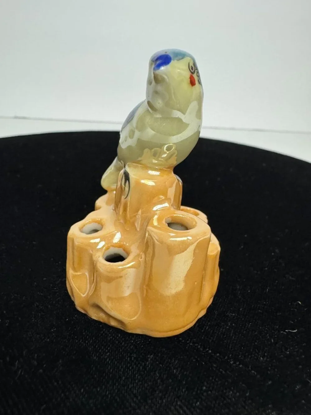 Antique 1930 - 1950s  Art Deco Luster Blue Sparrow song Bird Flower 6 hole